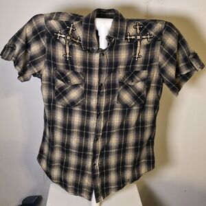 POP ICON CLOTHING Black and Cream Plaid Shirt with Cross Embroidery